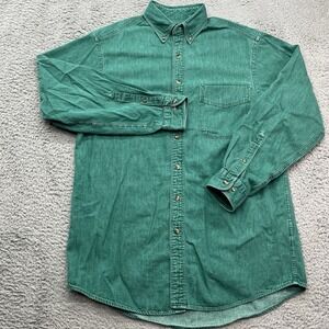 Lands End Denim Shirt Mens M Tall  Green Vtg 90s Made in Hong Kong Chest Pocket